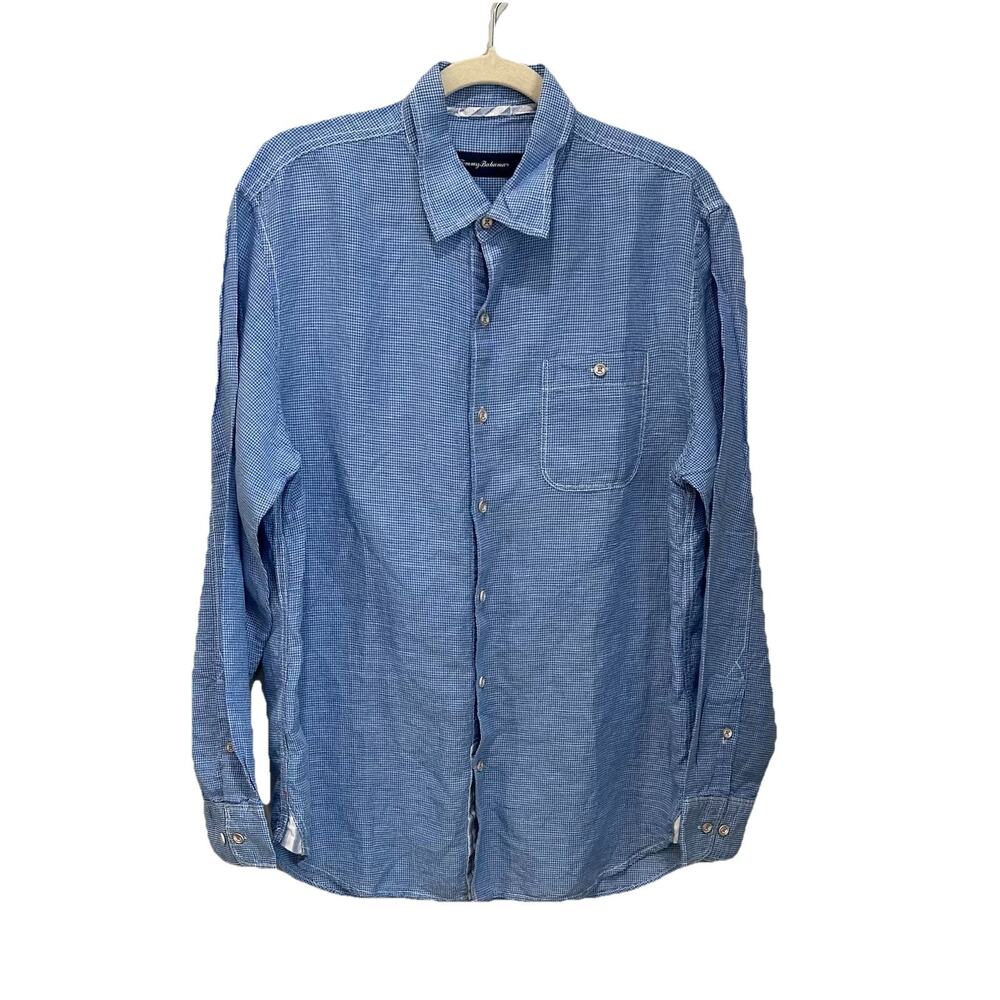 Tommy Bahama Shirt Mens Medium Linen Tencel Blend Button Front‎ Blue White